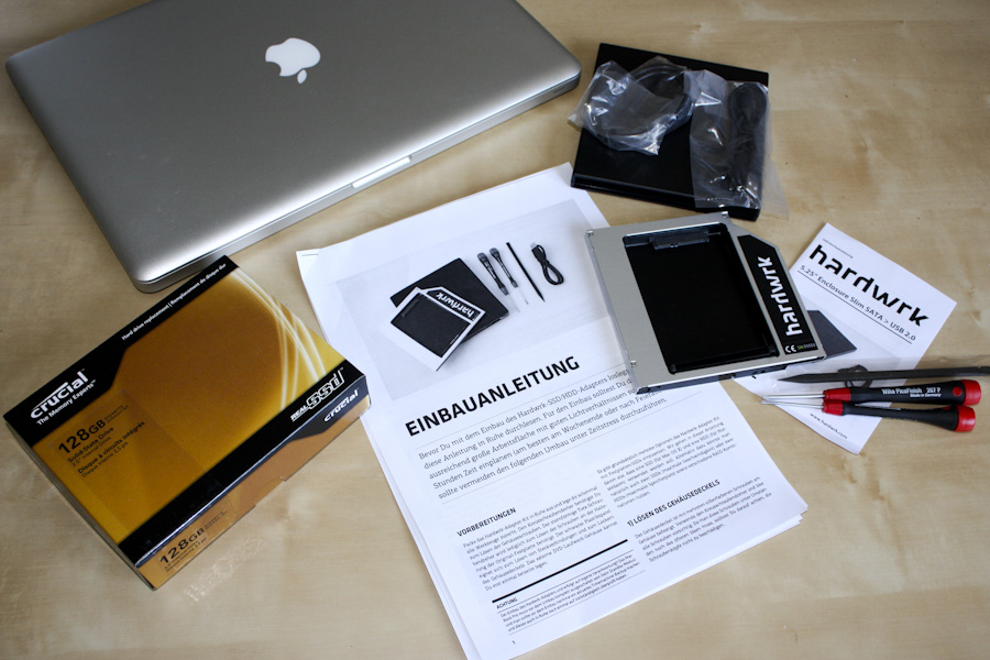 Macbook Pro aufrüsten mit SSD und HDD Adapter Kit von hardwrk